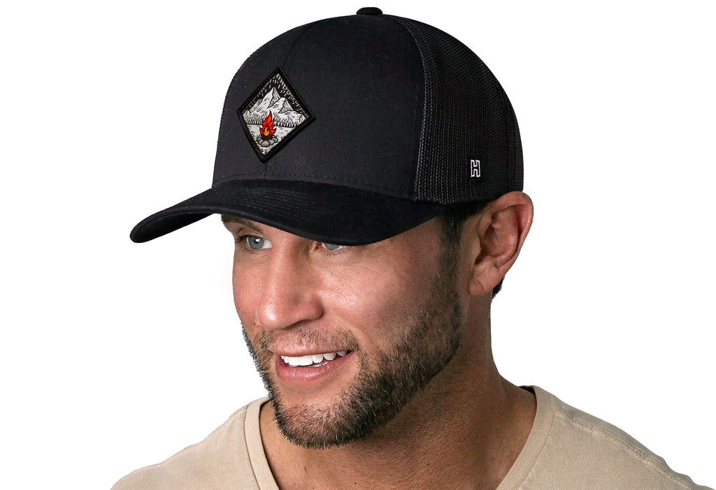 Campfire Trucker Hat — Black Outdoors Snapback Haka Hat