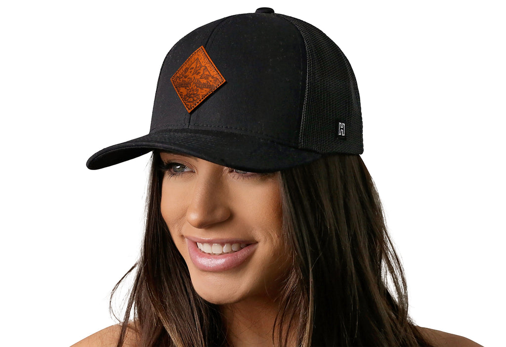 Campfire Trucker Hat Leather  |  Black Outdoors Snapback Haka Hat