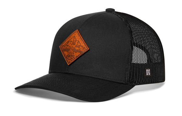 Campfire Trucker Hat Leather  |  Black Outdoors Snapback Haka Hat