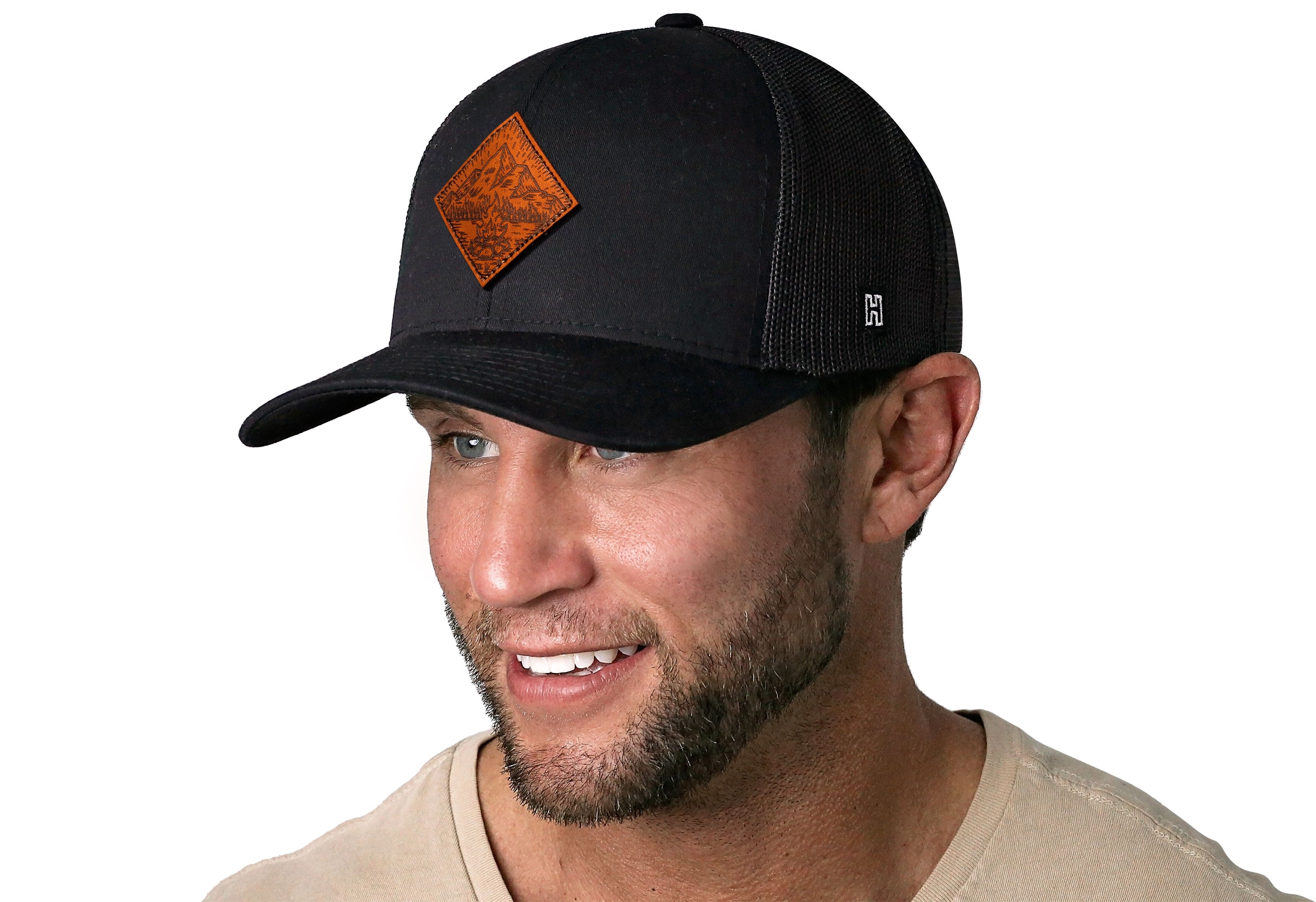Campfire Trucker Hat Leather  |  Black Outdoors Snapback Haka Hat