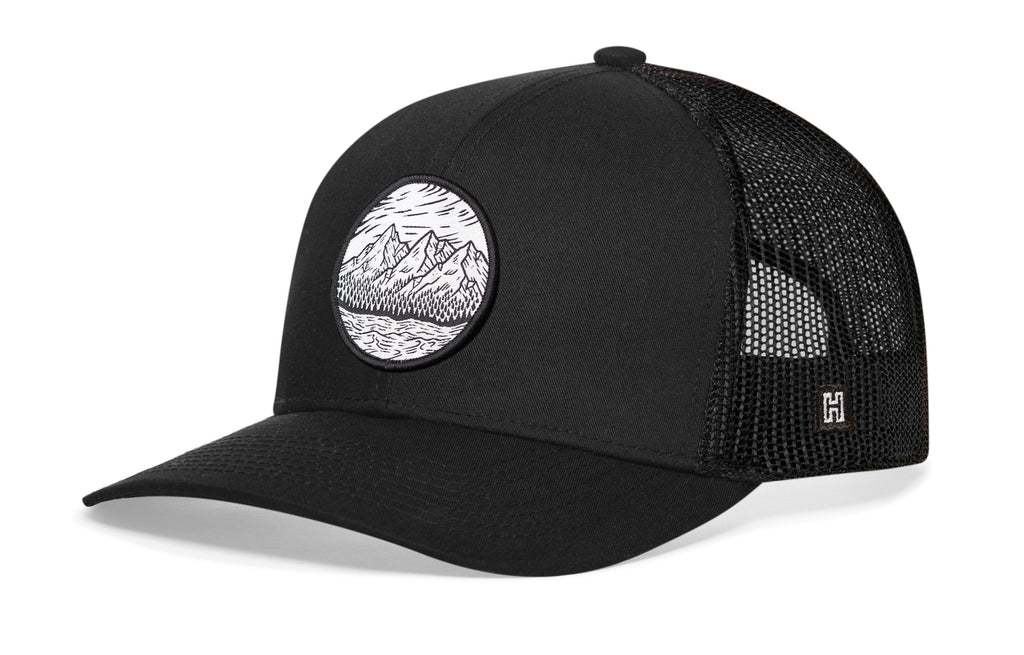 Circle Mountain and Trees Trucker Hat  |  Black Outdoors Snapback Haka Hat