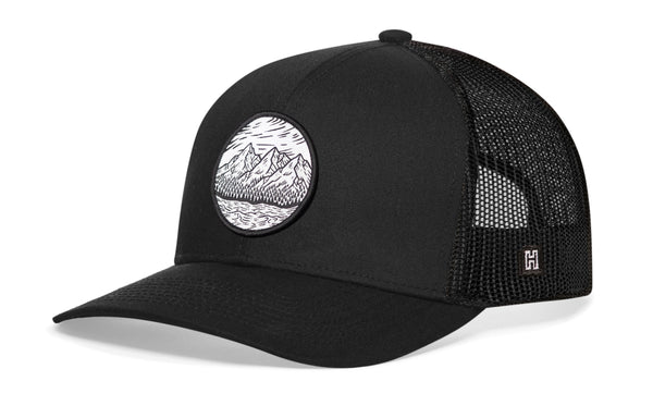 Circle Mountain and Trees Trucker Hat  |  Black Outdoors Snapback Haka Hat