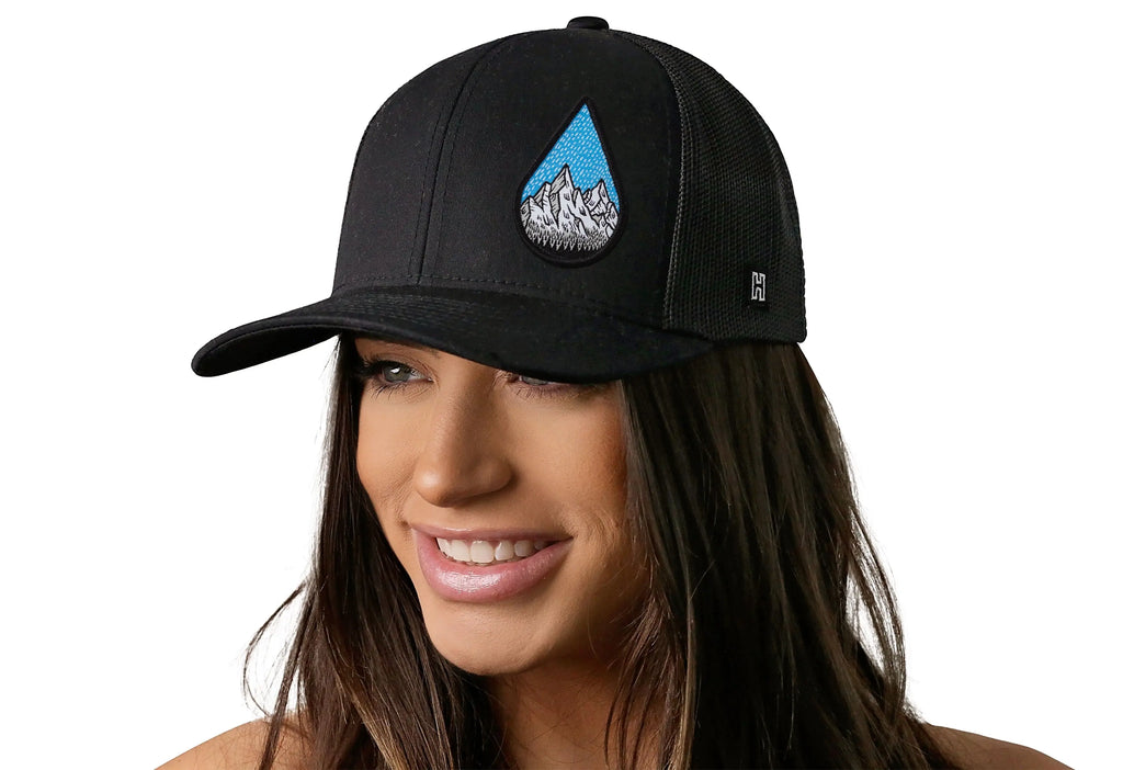 Rainddrop Mountain and Trees Trucker Hat  |  Black Outdoors Snapback Haka Hat