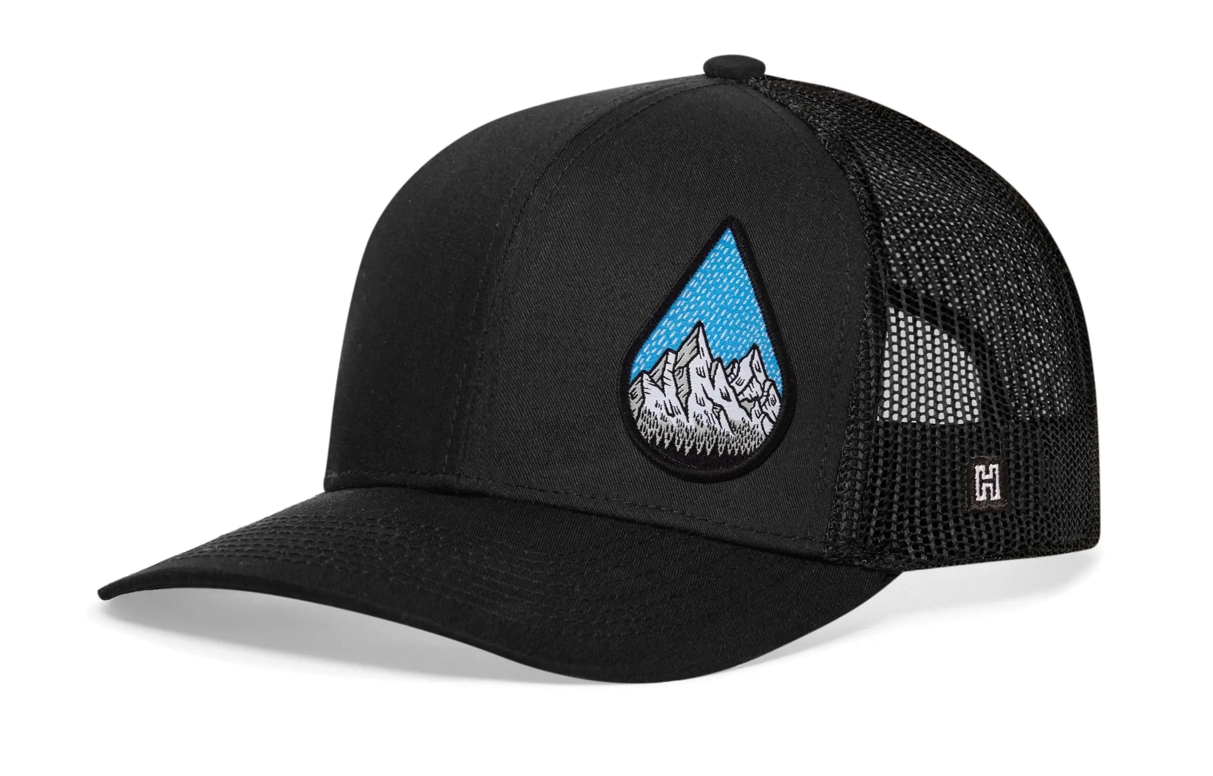 Rainddrop Mountain and Trees Trucker Hat  |  Black Outdoors Snapback Haka Hat