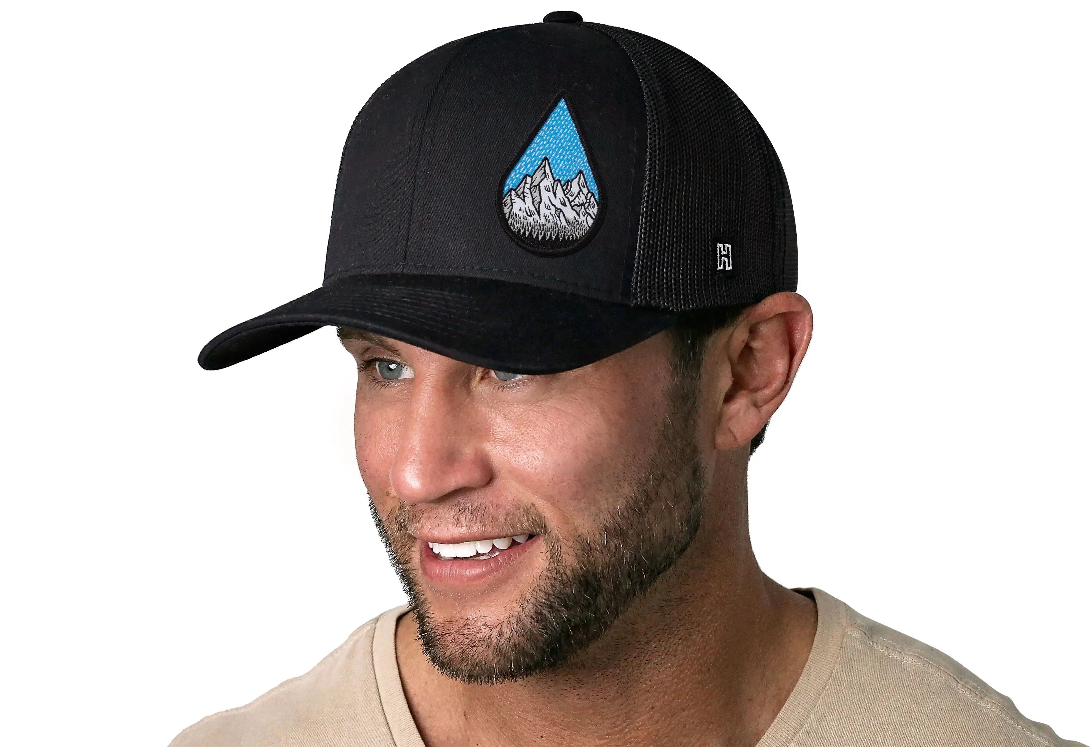 Rainddrop Mountain and Trees Trucker Hat  |  Black Outdoors Snapback Haka Hat