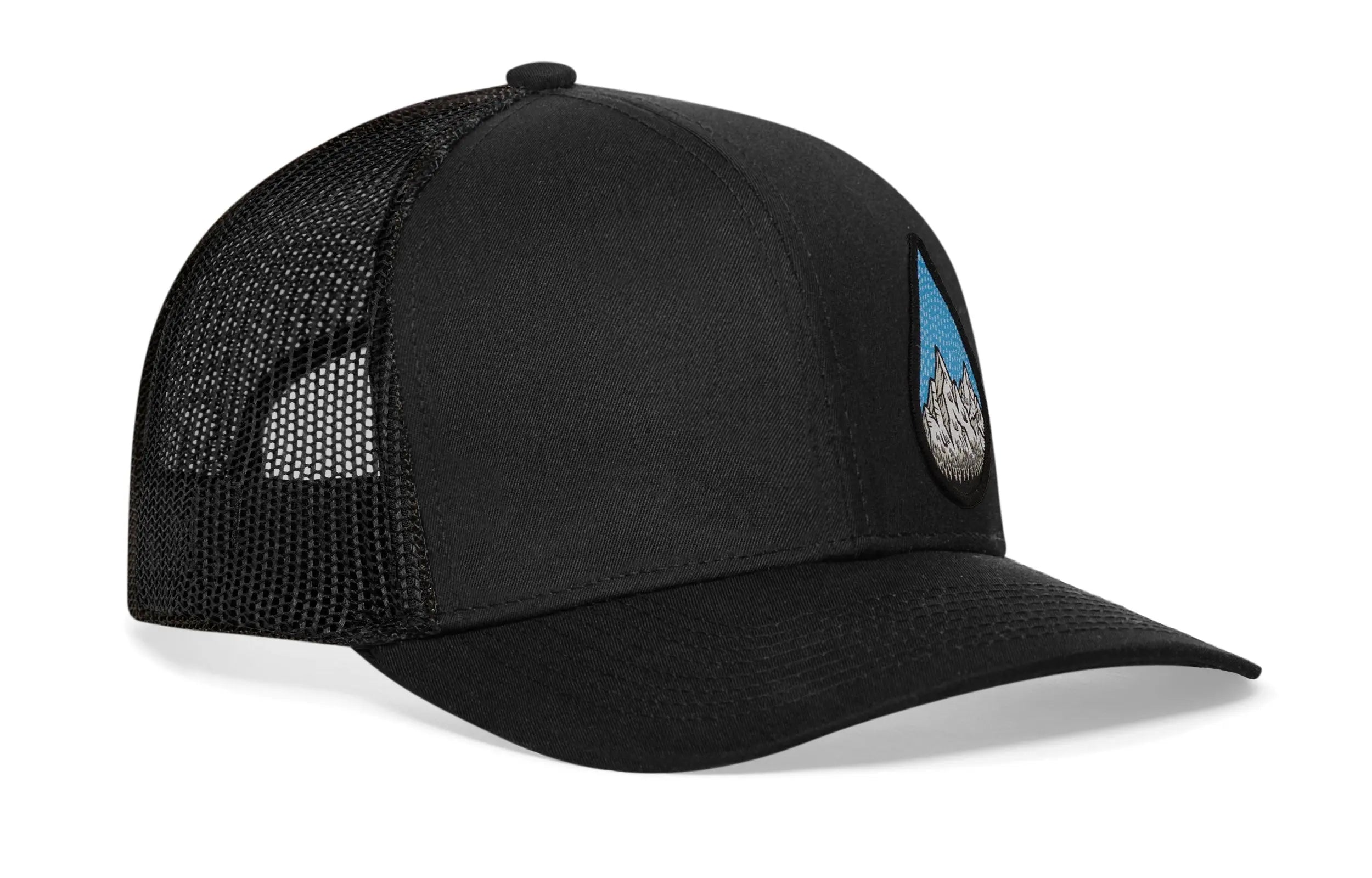 Rainddrop Mountain and Trees Trucker Hat  |  Black Outdoors Snapback Haka Hat