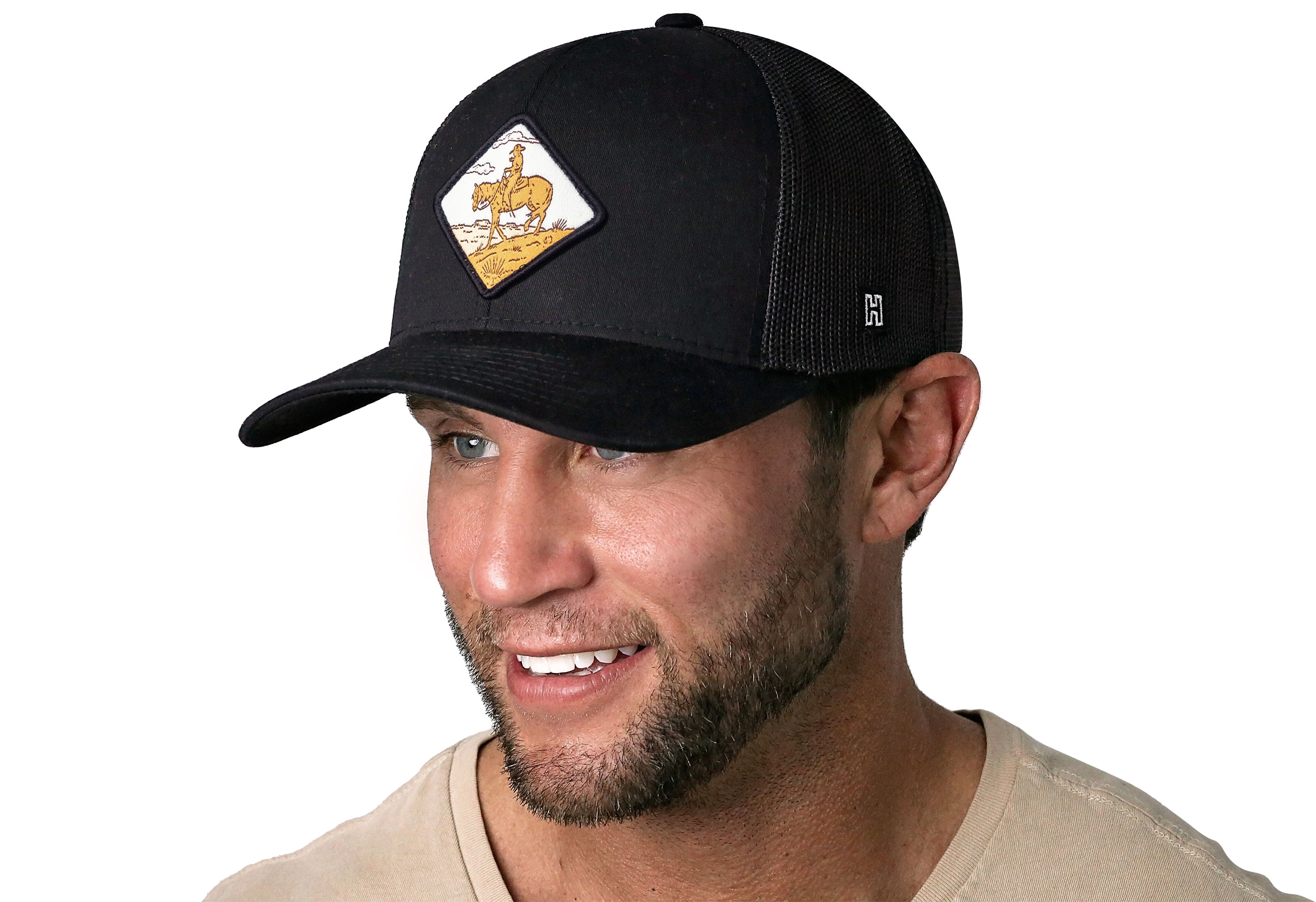 Horse & Cowboy Trucker Hat  |  Black Diamond Snapback Haka Hat