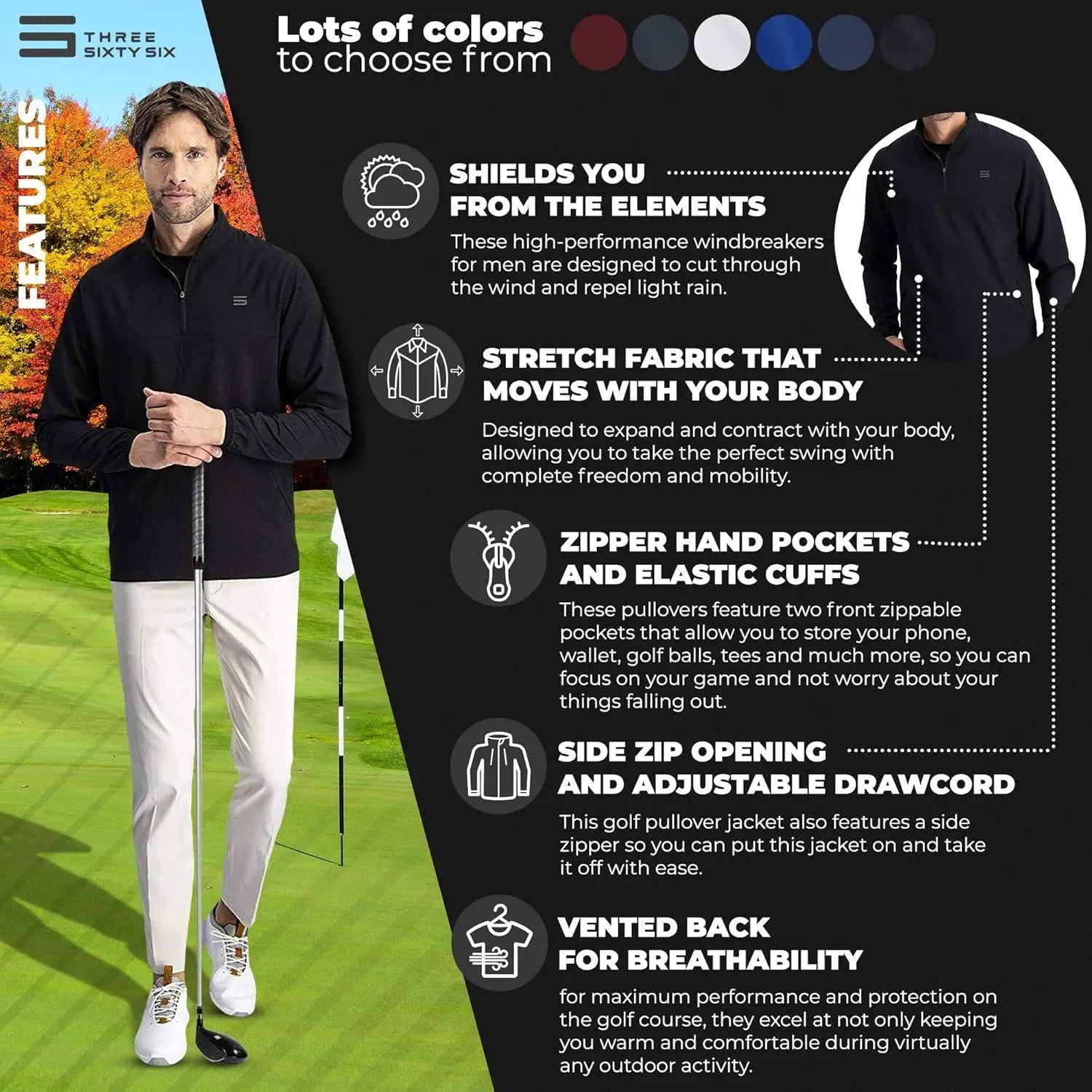 Mens Windbreaker Jackets - Zippered Golf Wind Breaker Jacket - Vented, Dry Fit