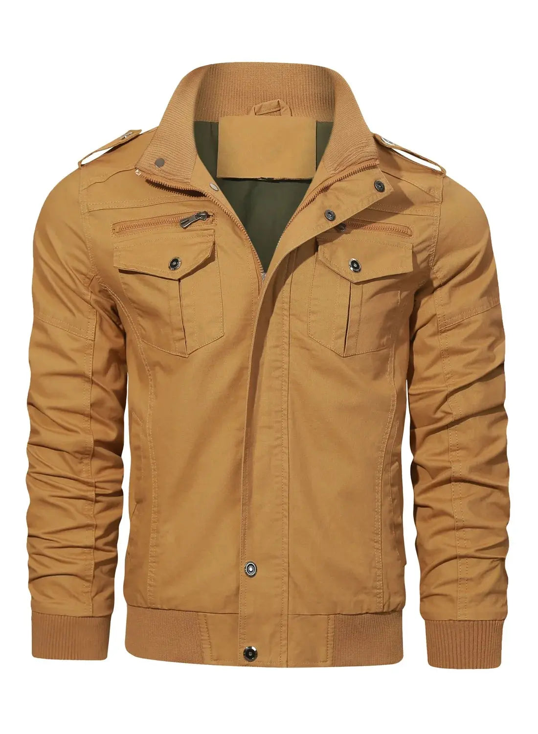 Men'S Casual Jackets Windbreaker Outwear Cargo Bomber Jackets Full Zipper Mid Length Fall Spring Coats Khaki M