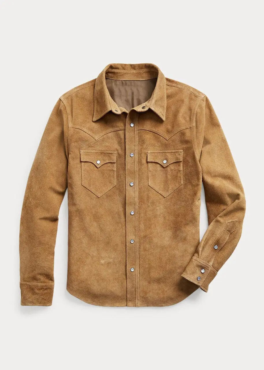 Men'S Classic Trucker Jacket Tan Brown Western Style Real Suede Leather Jacket