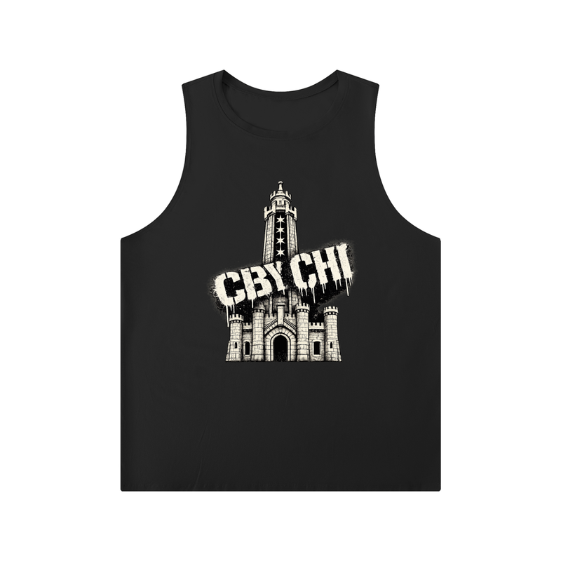 CBY CHI Chicago Water Tower crewneck tank, spray-stencil landmark graphic front
