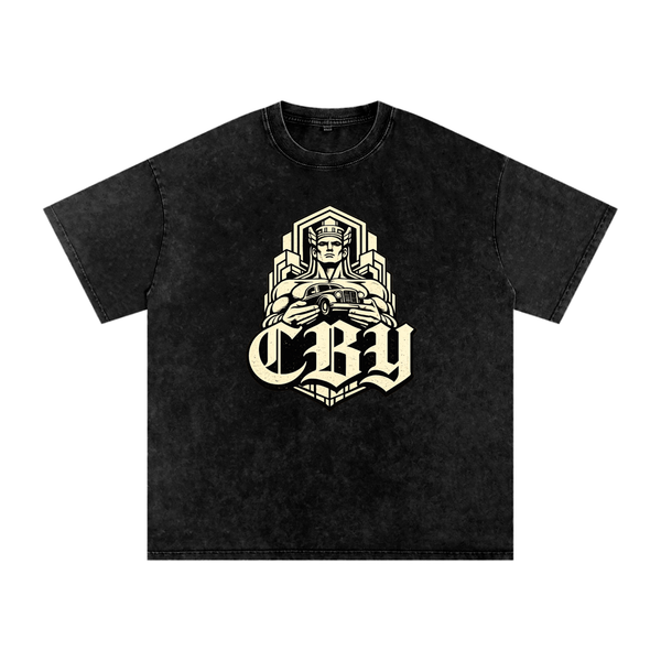 CBY Guardian art-deco graphic — snow-wash oversized tee, Guardians of Traffic figure with blackletter CBY