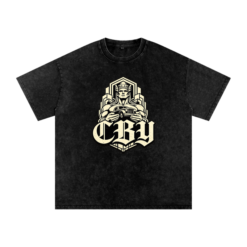 CBY Guardian art-deco graphic — snow-wash oversized tee, Guardians of Traffic figure with blackletter CBY