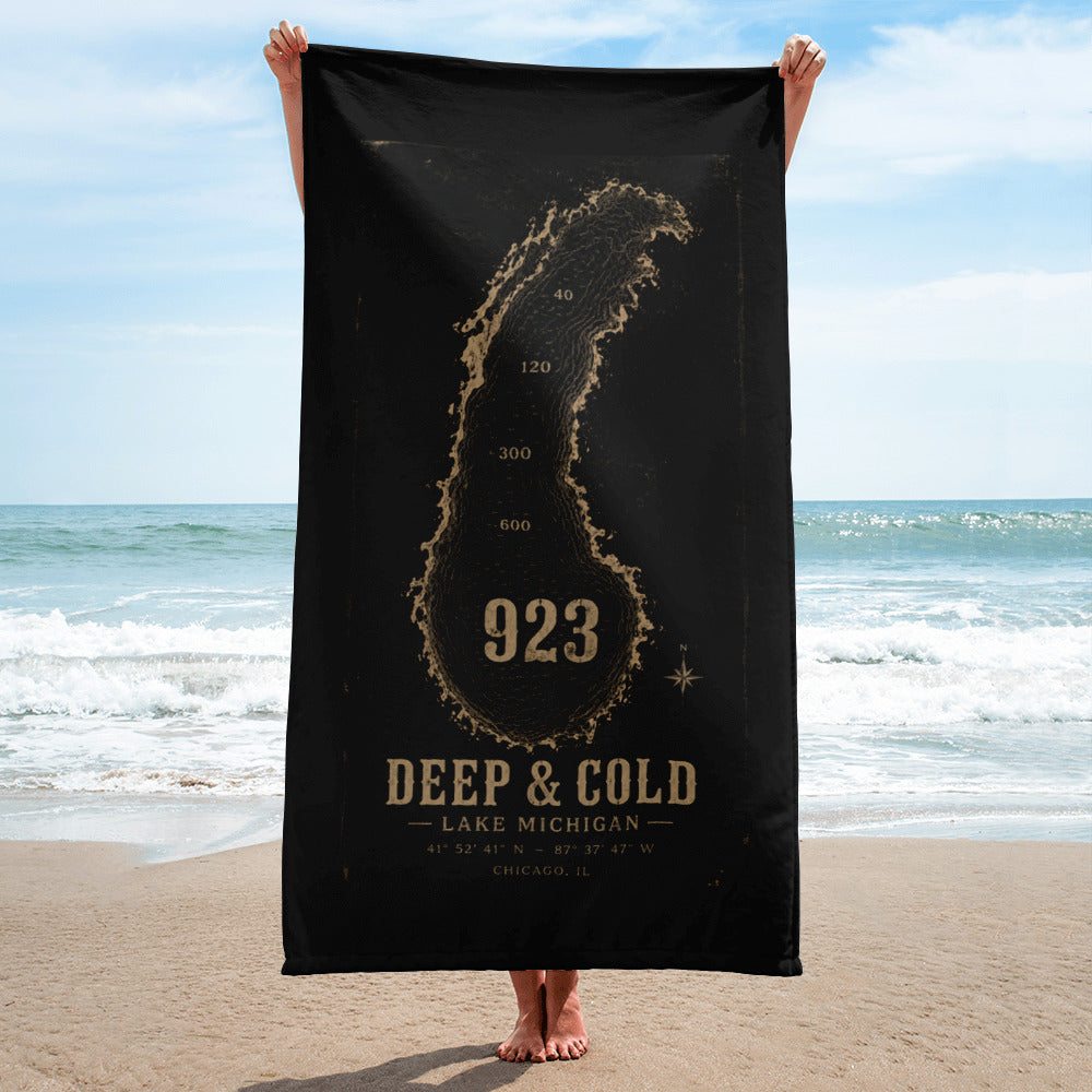 CBY CHI Deep & Cold Lake Michigan beach towel laid flat, 30 by 60 inches