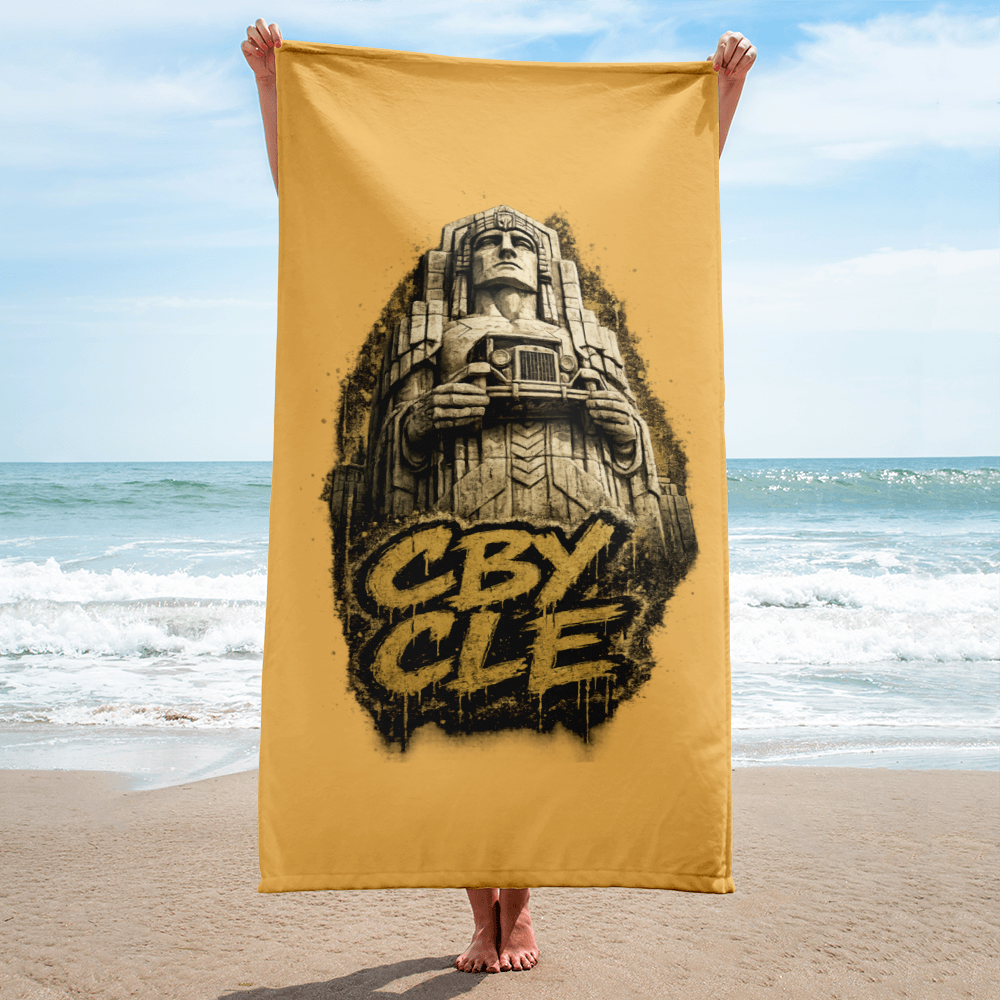 CBY CLE Guardian towel, close detail of the Art Deco guardian graphic