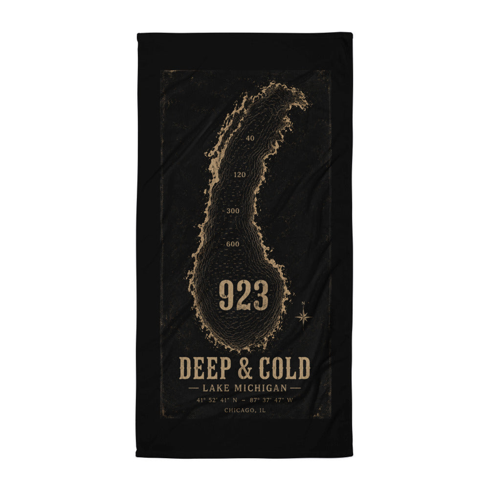 CBY CHI Deep & Cold Lake Michigan beach towel, bathymetric chart printed full length