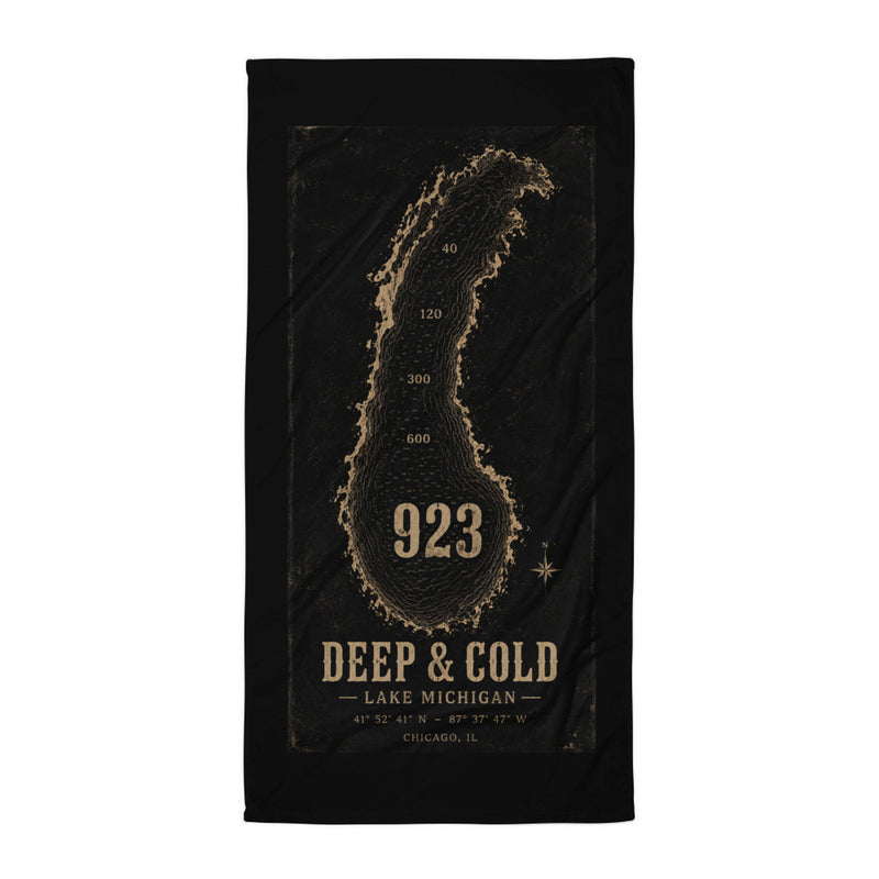 CBY CHI Deep & Cold Lake Michigan beach towel, bathymetric chart printed full length