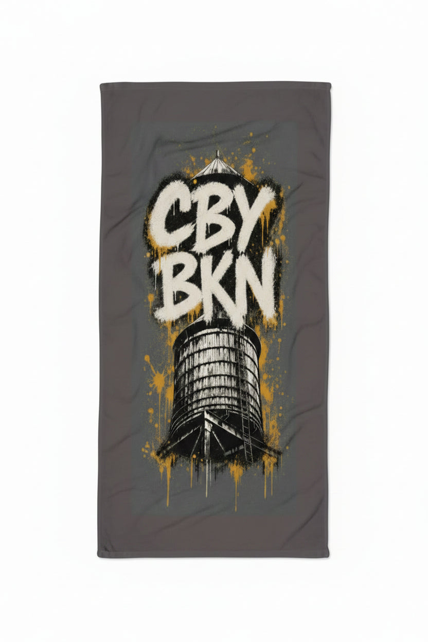 CBY BKN Water Tower beach towel, Brooklyn rooftop water tower printed full length