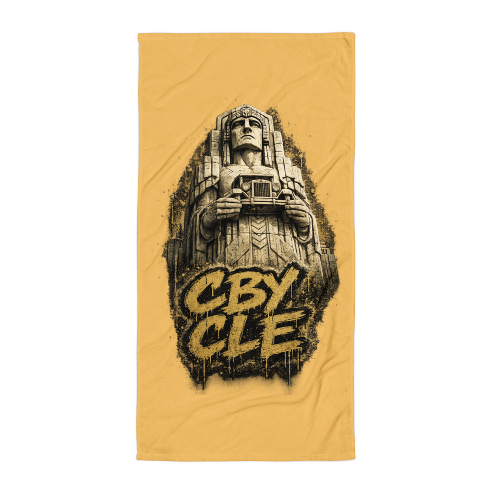CBY CLE Guardian beach towel, Cleveland stone guardian printed full length