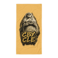 CBY CLE Guardian beach towel, Cleveland stone guardian printed full length