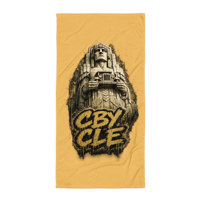 CBY CLE Guardian beach towel, Cleveland stone guardian printed full length
