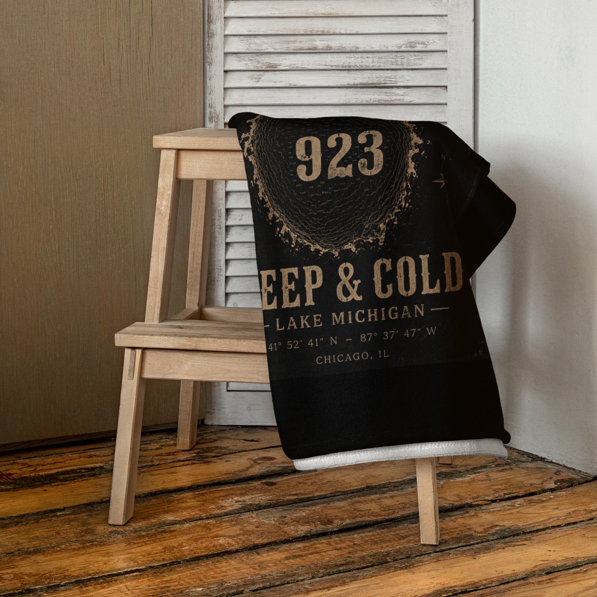 CBY CHI Deep & Cold Lake Michigan towel, close detail of the 923 foot depth chart