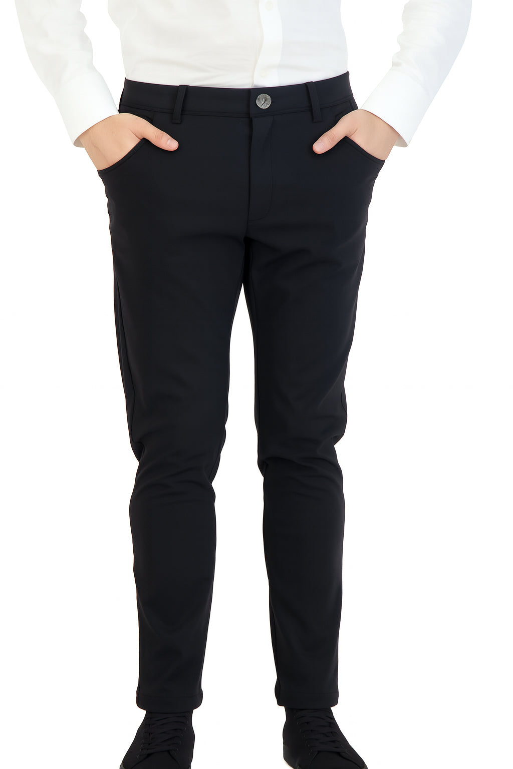 Black chinos — fabric and waistband detail