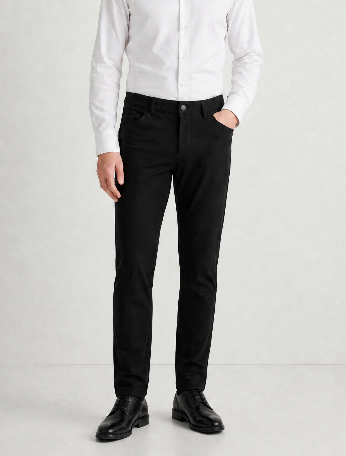 Mens black stretch chinos — front view