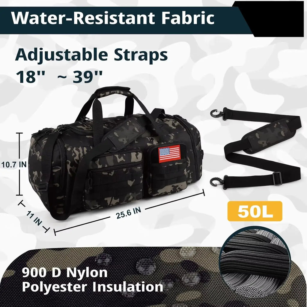 Tactical Gym Bag 50L Men'S Sports Duffle with Shoe Compartment, Water Resistant Travel Backpack with Wet Pocket