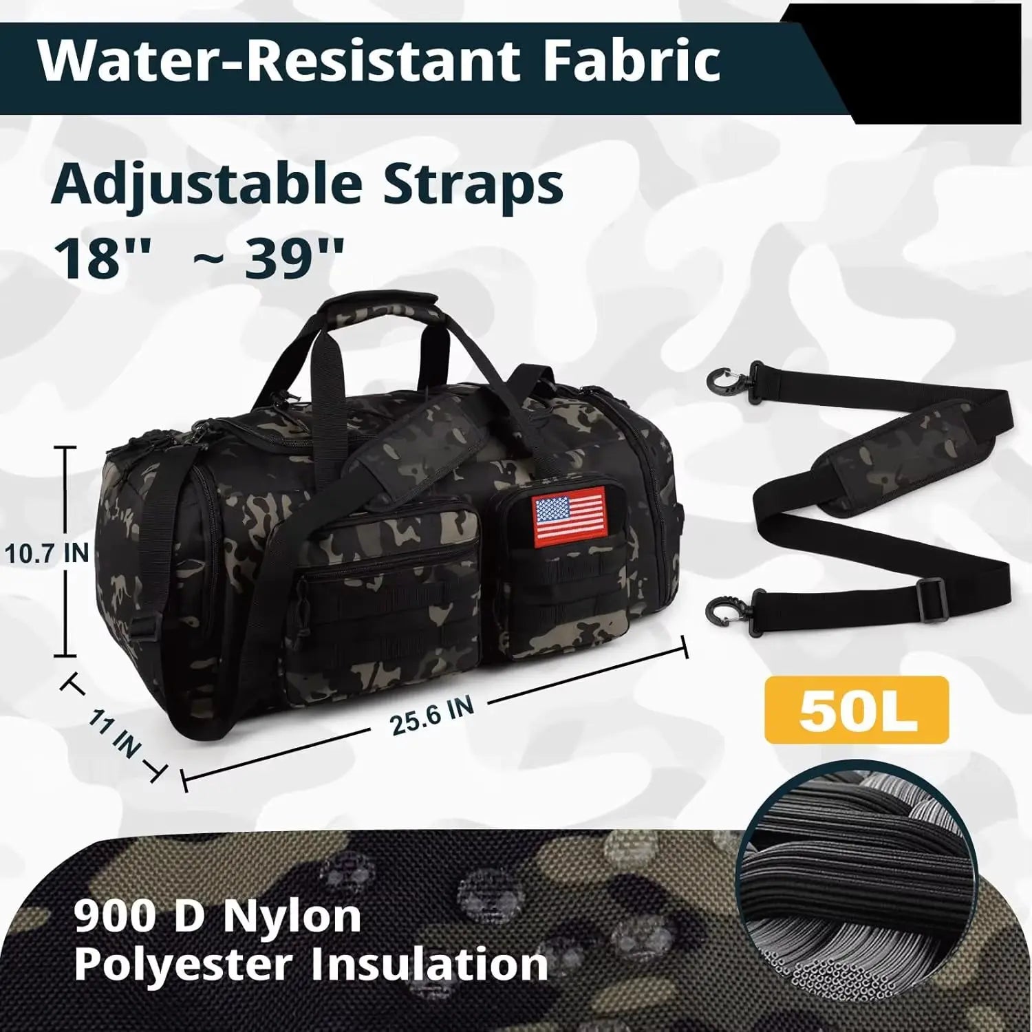 Tactical Gym Bag 50L Men'S Sports Duffle with Shoe Compartment, Water Resistant Travel Backpack with Wet Pocket