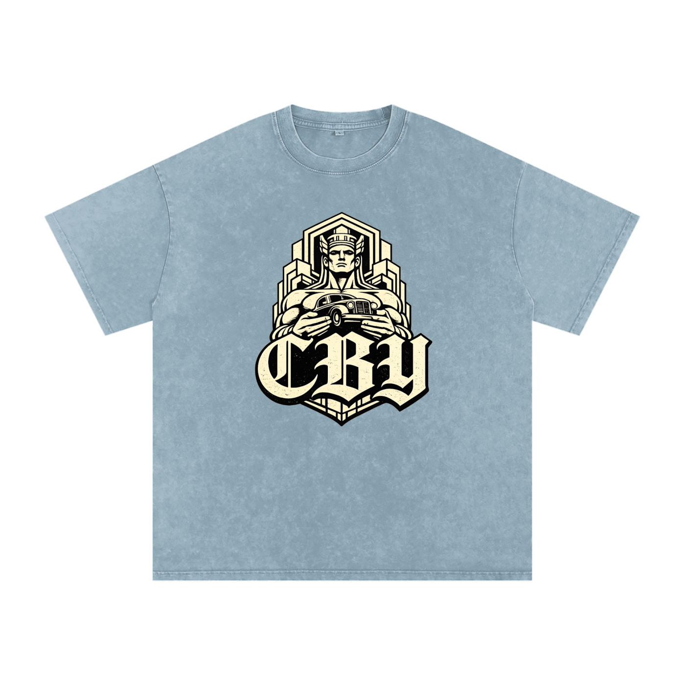 CBY Guardian art-deco graphic — snow-wash oversized tee, Guardians of Traffic figure with blackletter CBY