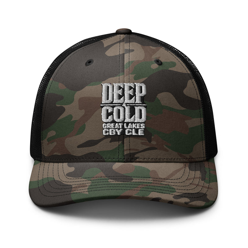 CBY CLE Deep & Cold camo trucker hat — camo black, front