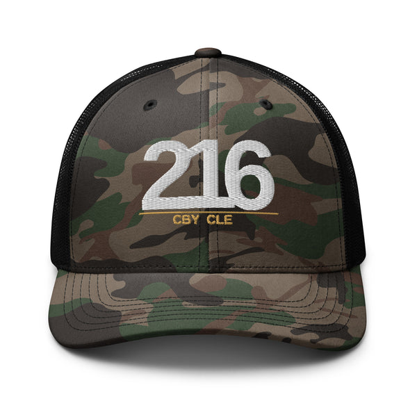 CBY CLE 216 camo trucker hat — camo black, front