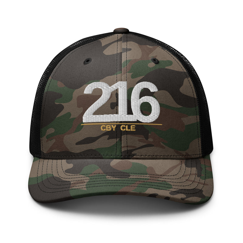 CBY CLE 216 camo trucker hat — camo black, front