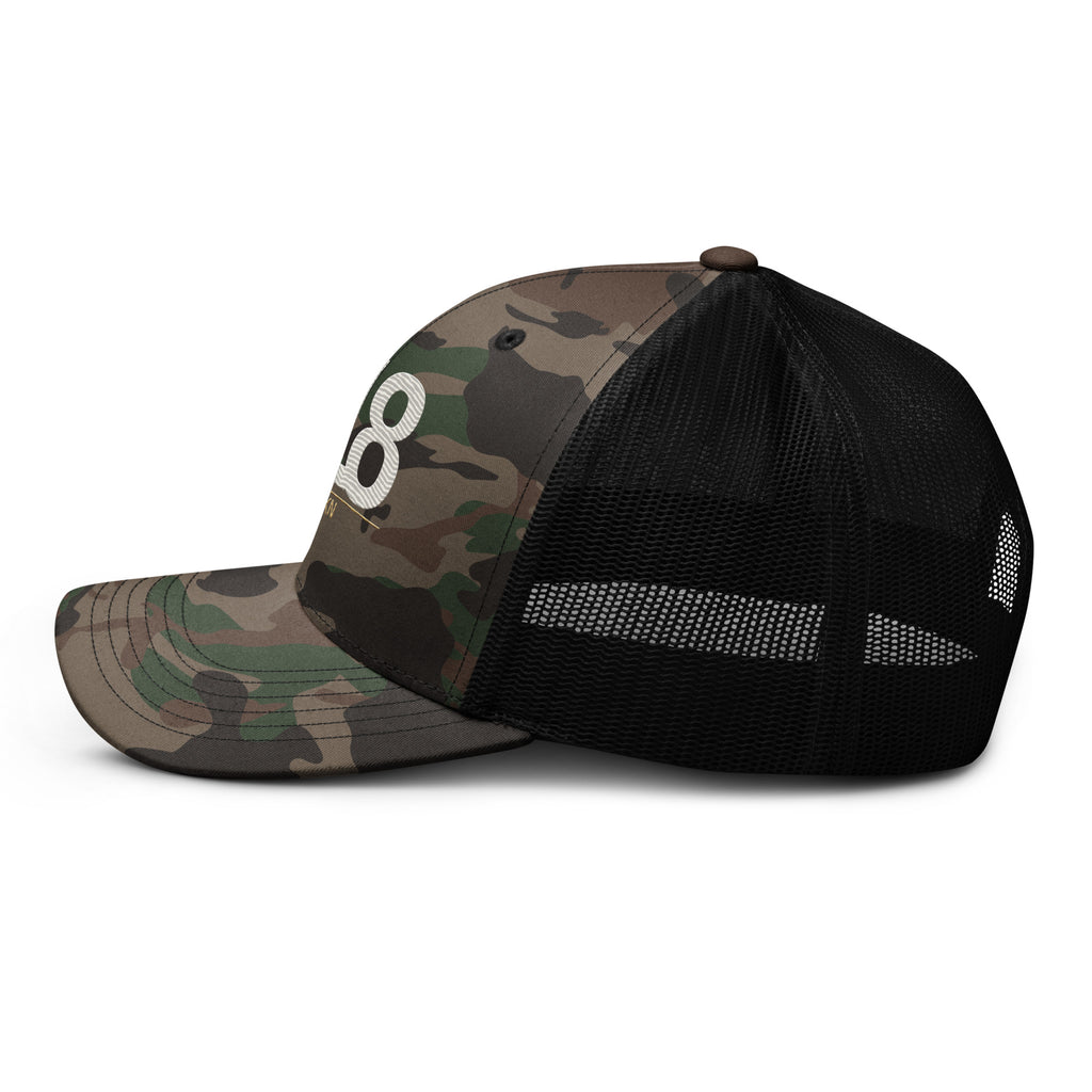 CBY BKN 718 camo trucker hat — camo black, left