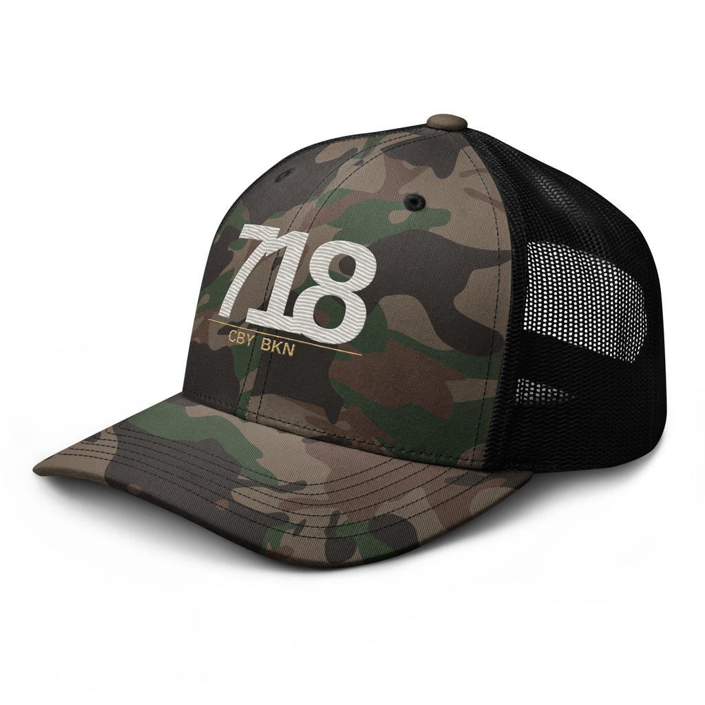 CBY BKN 718 camo trucker hat — camo black, left front