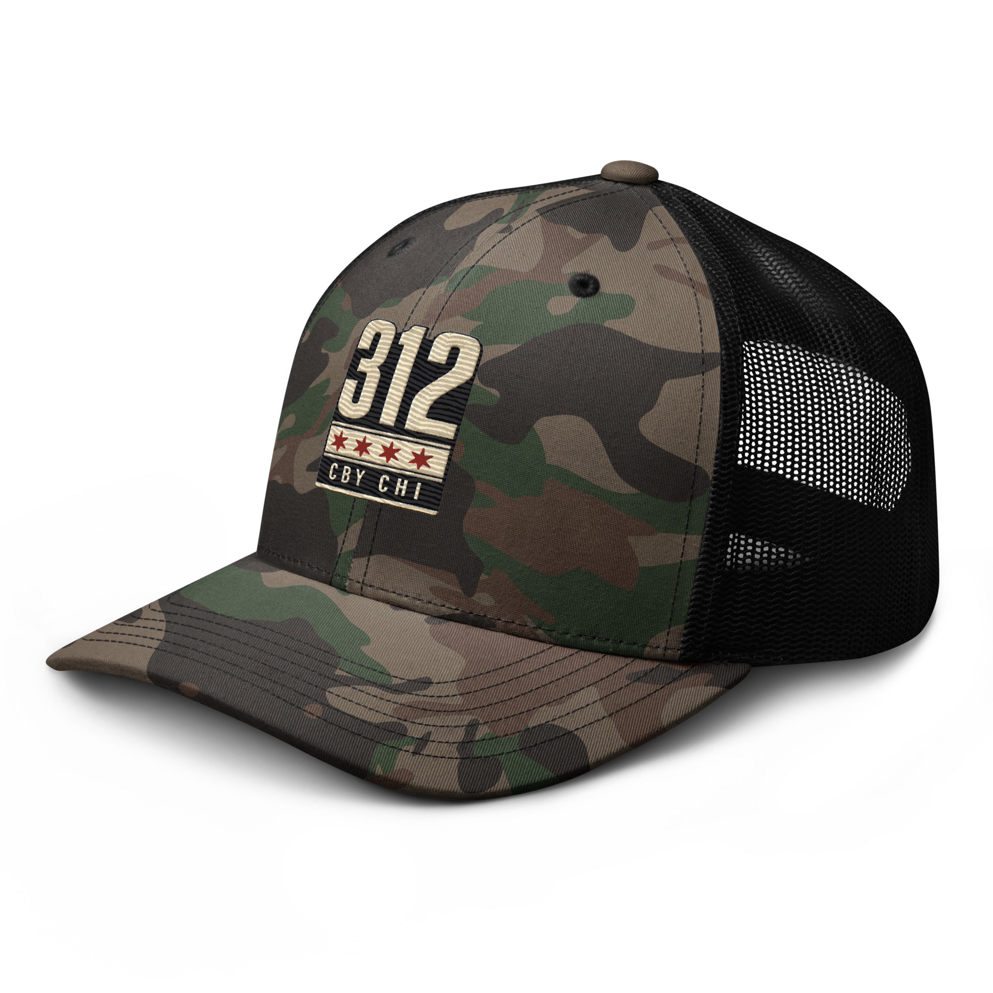 CBY CHI 312 camo trucker hat — camo black, left front