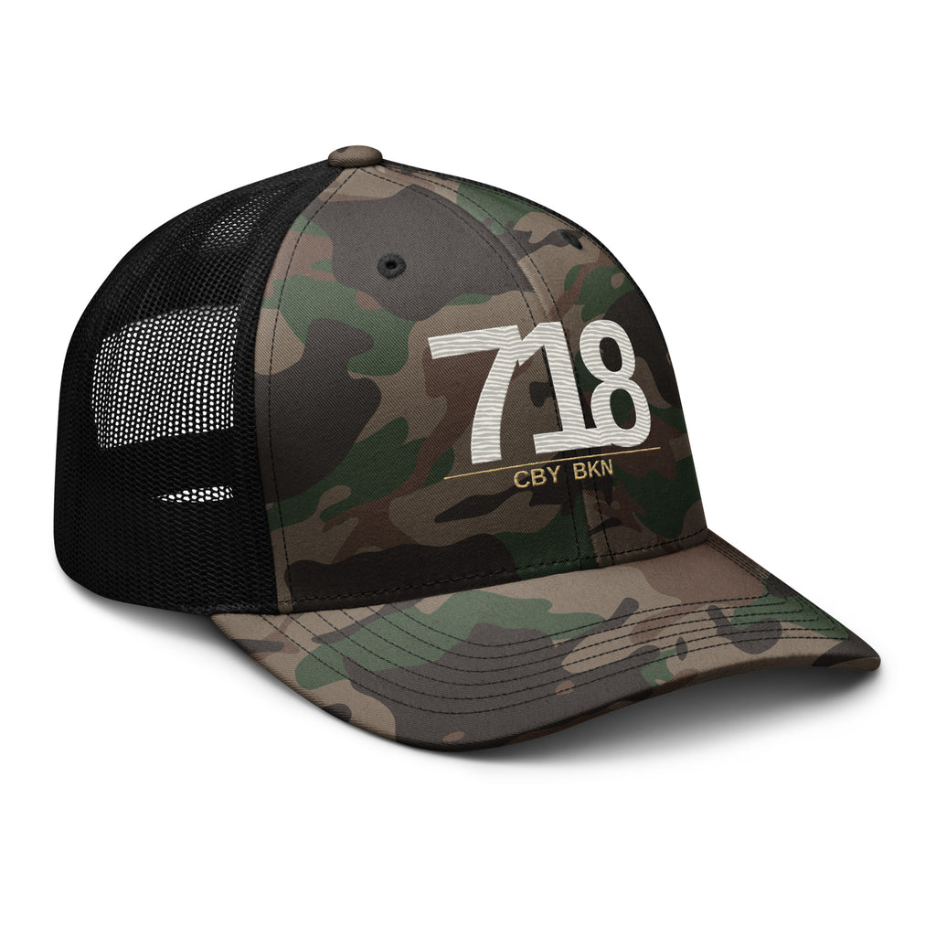 CBY BKN 718 camo trucker hat — camo black, right front