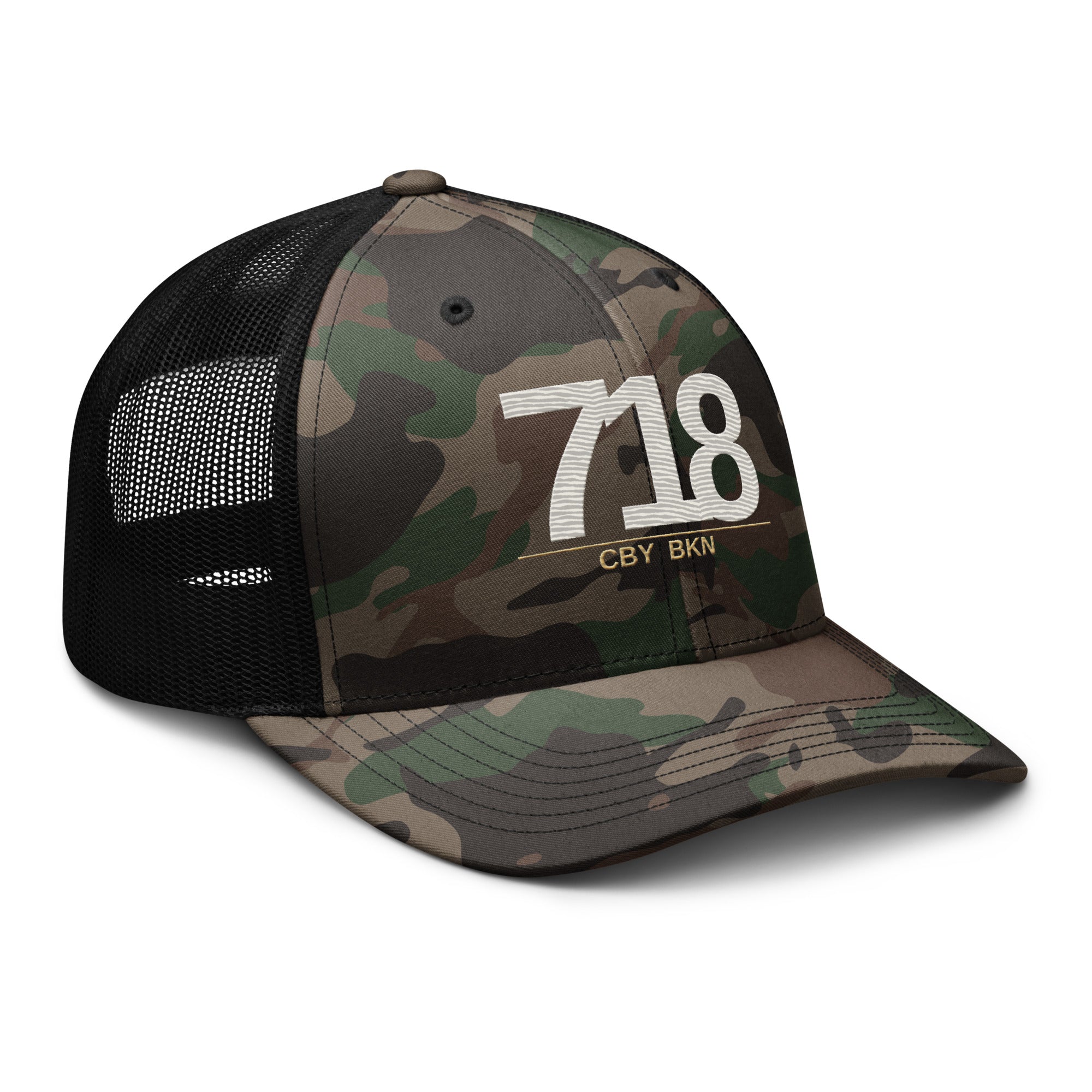 CBY BKN 718 camo trucker hat — camo black, right front
