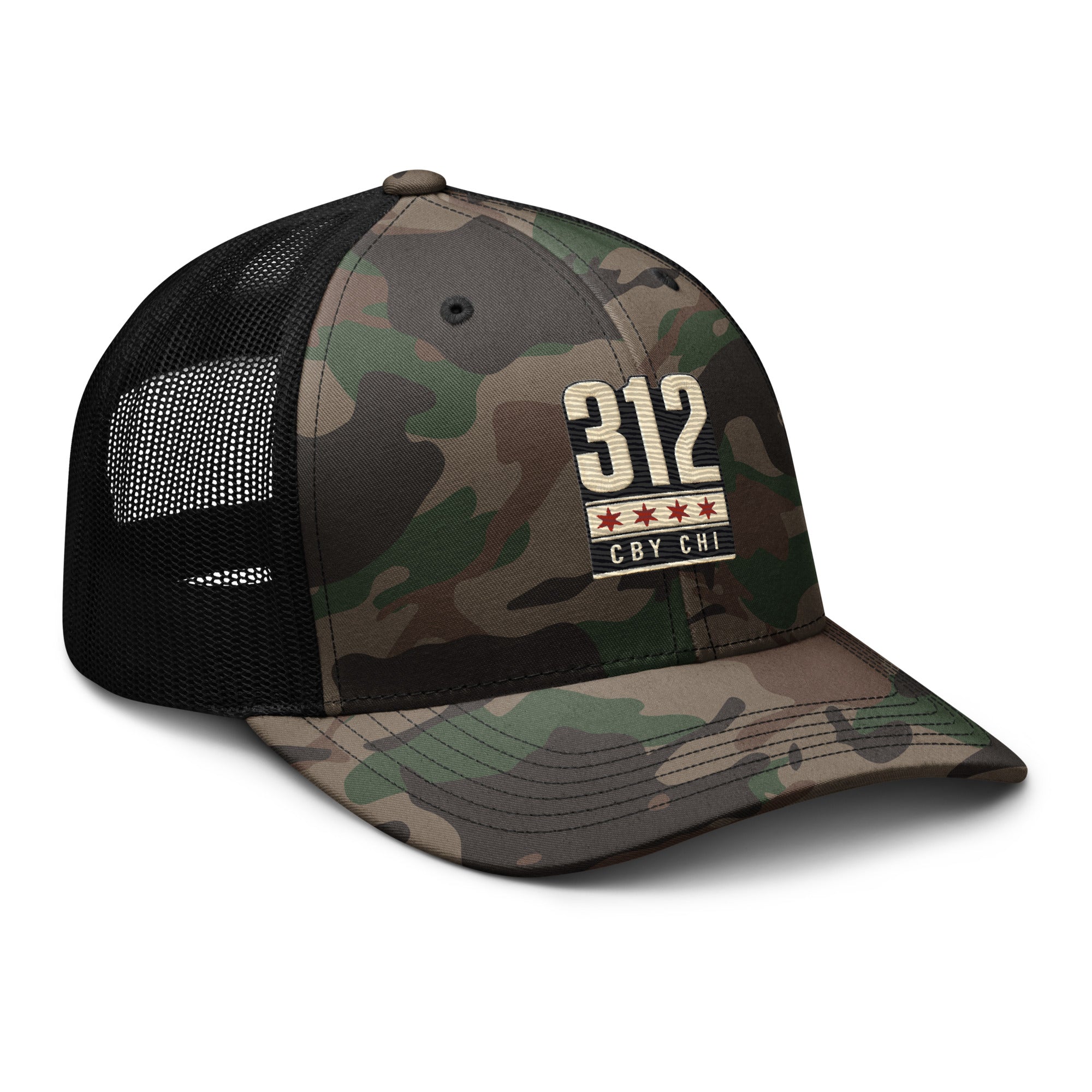 CBY CHI 312 camo trucker hat — camo black, right front