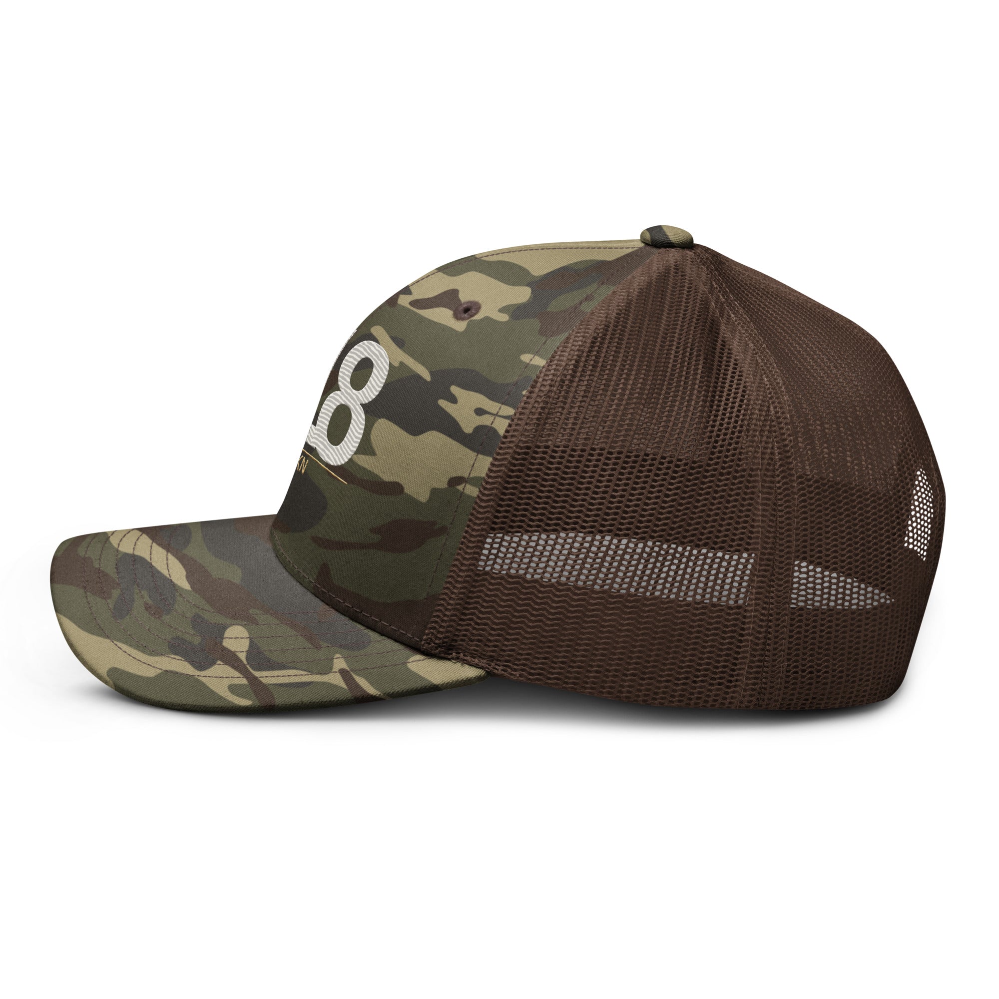 CBY BKN 718 camo trucker hat — camo brown, left
