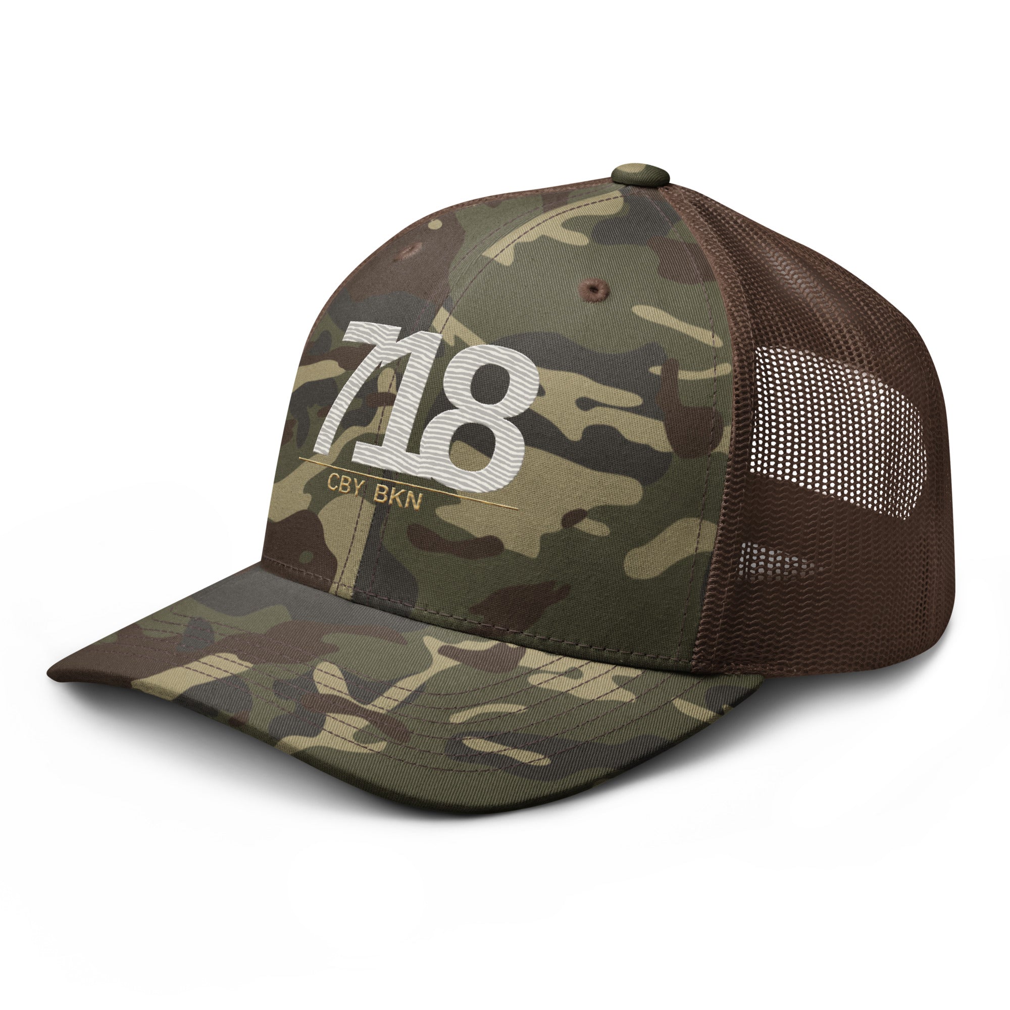 CBY BKN 718 camo trucker hat — camo brown, left front