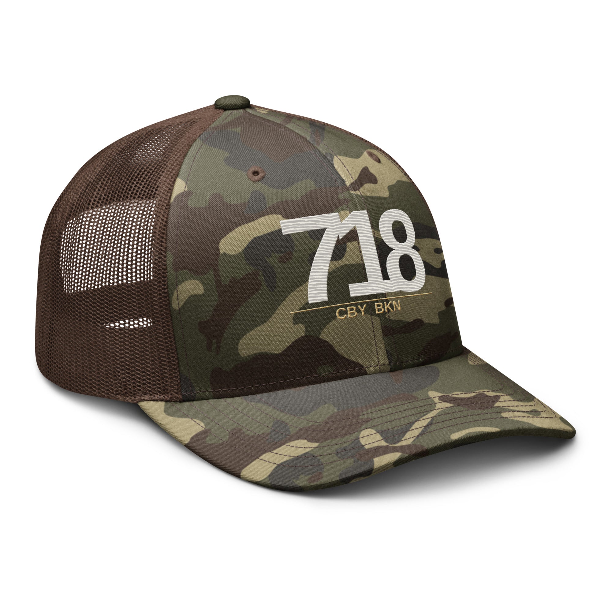 CBY BKN 718 camo trucker hat — camo brown, right front