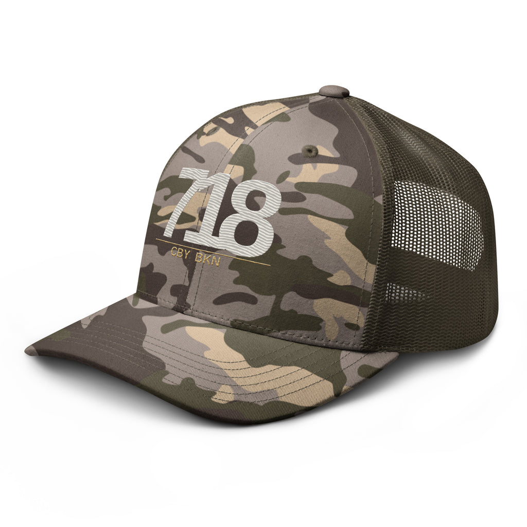 CBY BKN 718 camo trucker hat — camo olive, left front