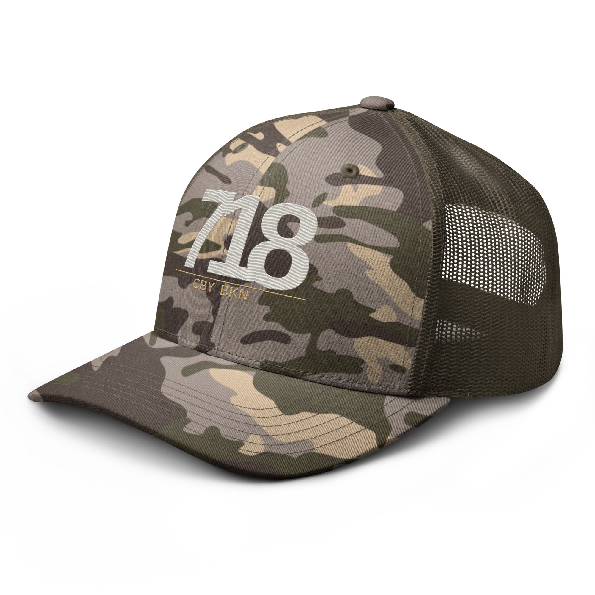 CBY BKN 718 camo trucker hat — camo olive, left front
