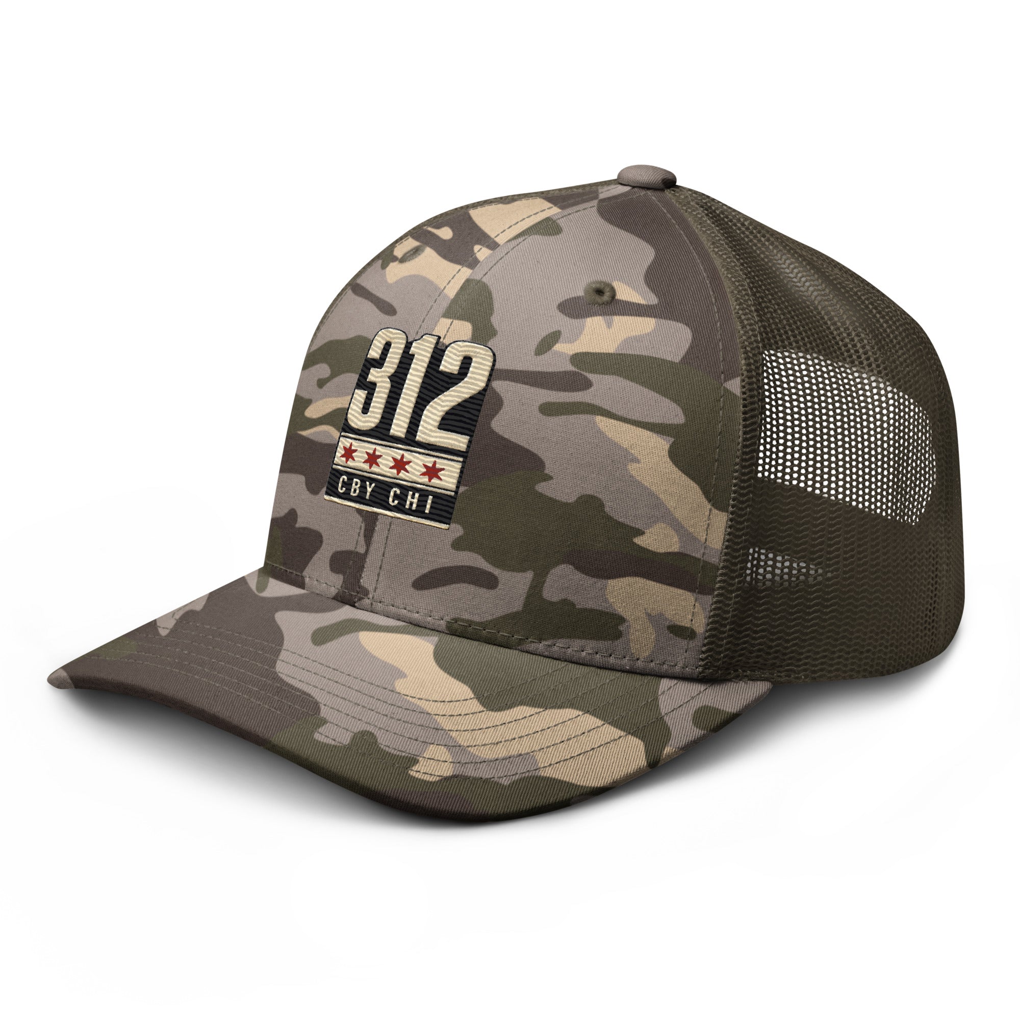 CBY CHI 312 camo trucker hat — camo olive, left front