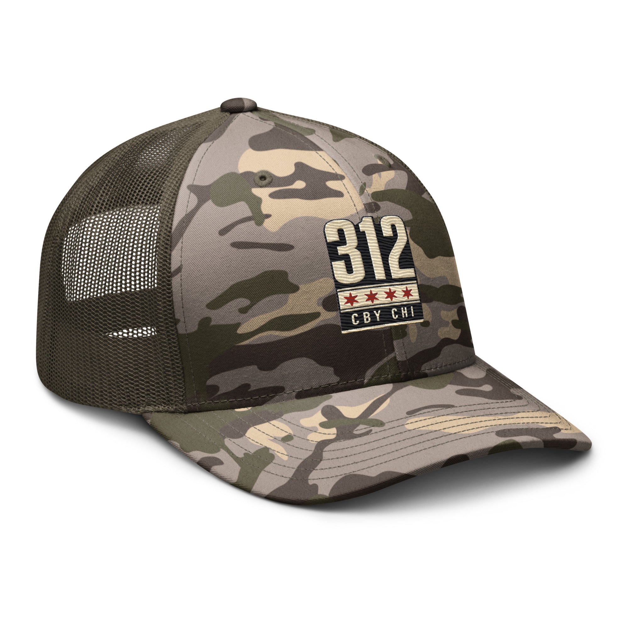 CBY CHI 312 camo trucker hat — camo olive, right front