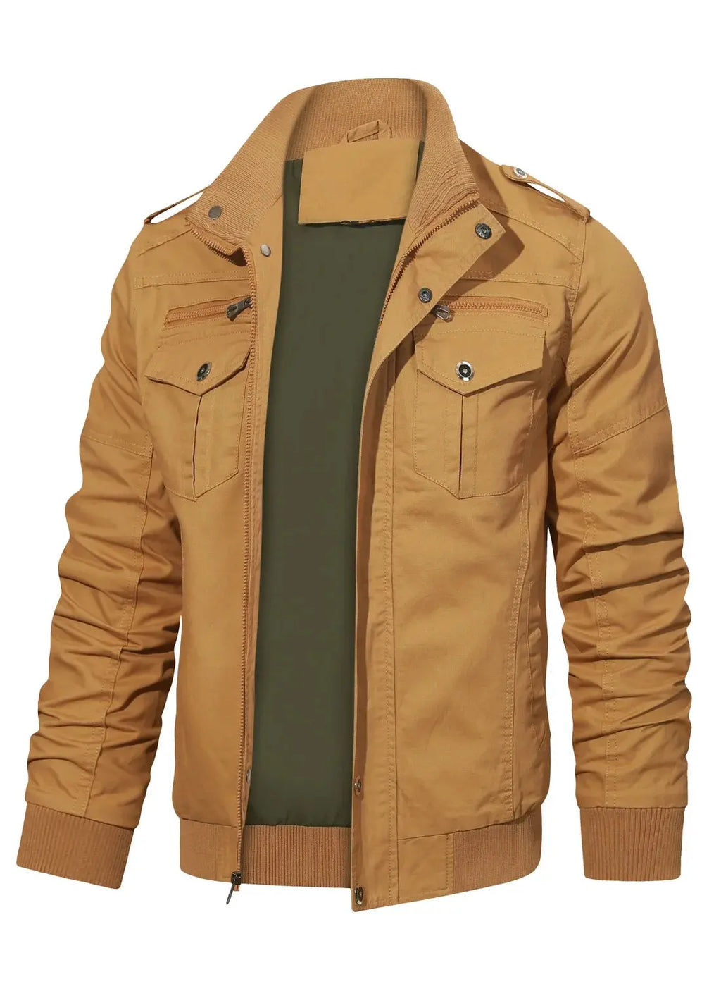 Men'S Casual Jackets Windbreaker Outwear Cargo Bomber Jackets Full Zipper Mid Length Fall Spring Coats Khaki M