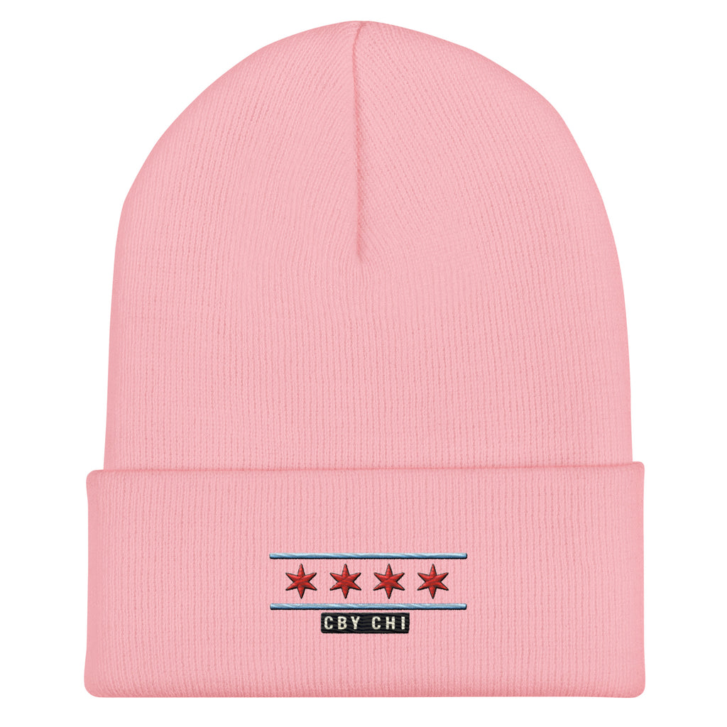 CBY CHI Chicago Flag cuffed beanie — baby pink, front