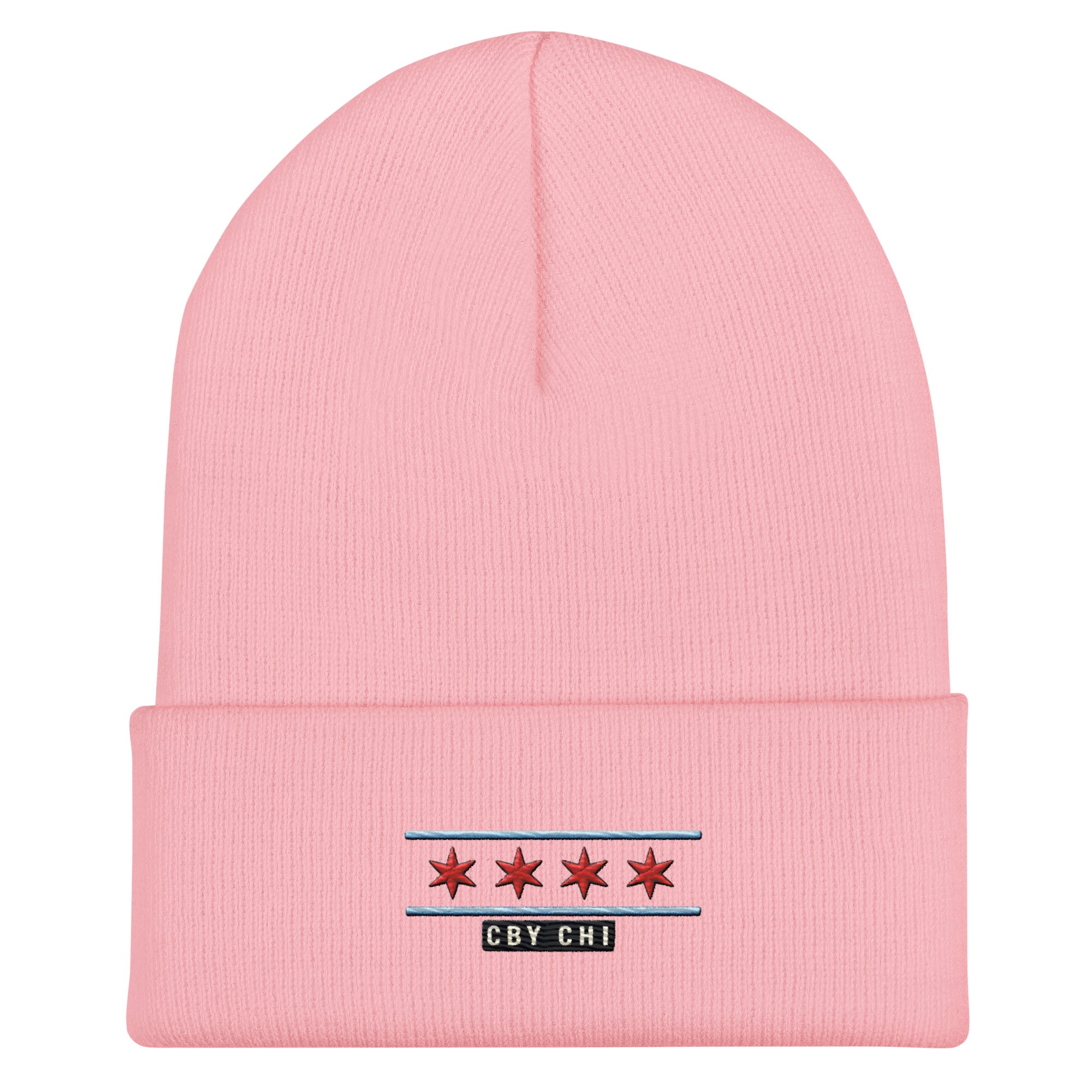 CBY CHI Chicago Flag cuffed beanie — baby pink, front